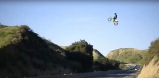 Jumping a dirt bike across a Californian freeway